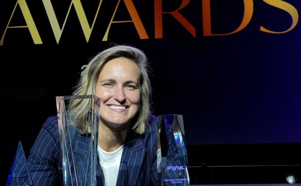 Marie-Philip Poulin smiles at the PWHL Awards ceremony.